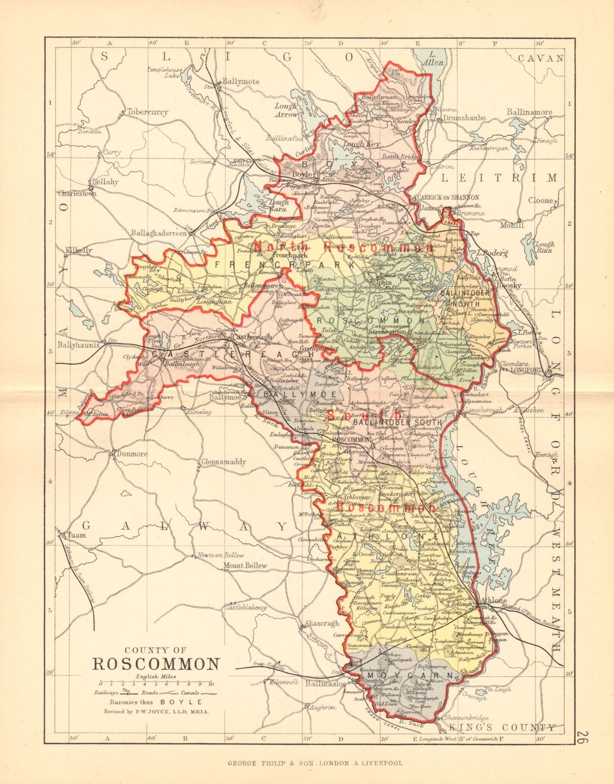 COUNTY ROSCOMMON. Antique county map. Connaught. Ireland. BARTHOLOMEW 1886